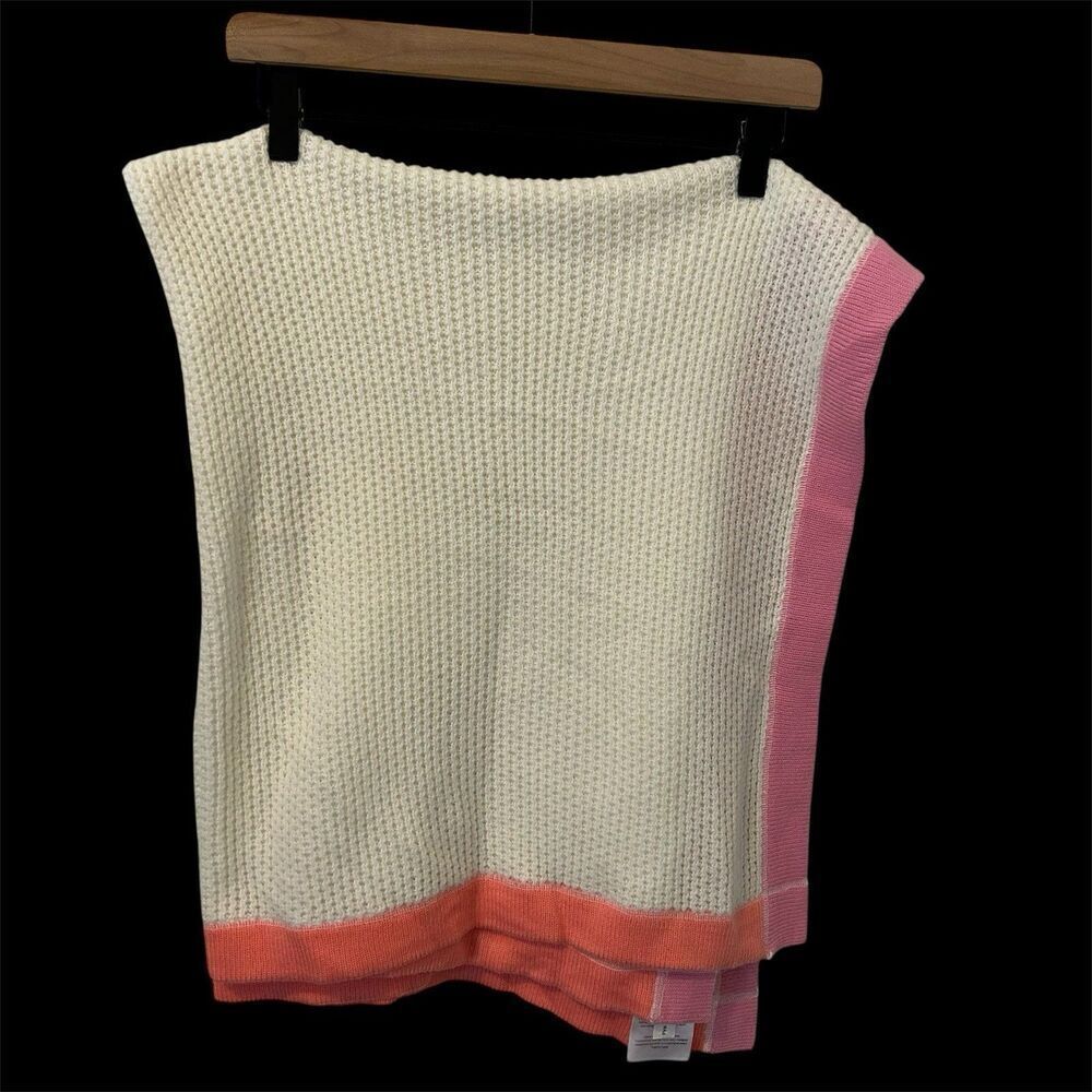 Lambs & Ivy Baby Blanket Cream With Satin Trim Pink And Orange Waffle Knit 47x37